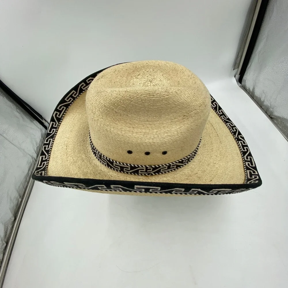 Large Straw Cowboy Hat Beige Black Greek Key Trim Western Rodeo Festival Charro